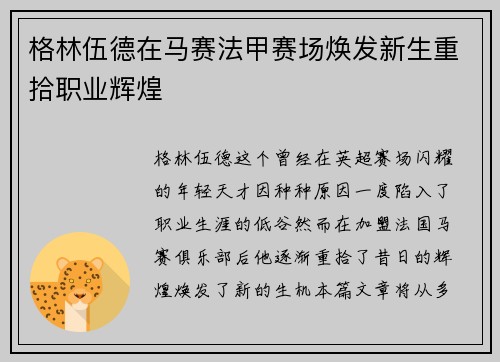 格林伍德在马赛法甲赛场焕发新生重拾职业辉煌
